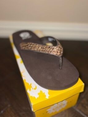 Yellow Box Brown Platform Flip Flop Sandals with Bronze Embellished Straps